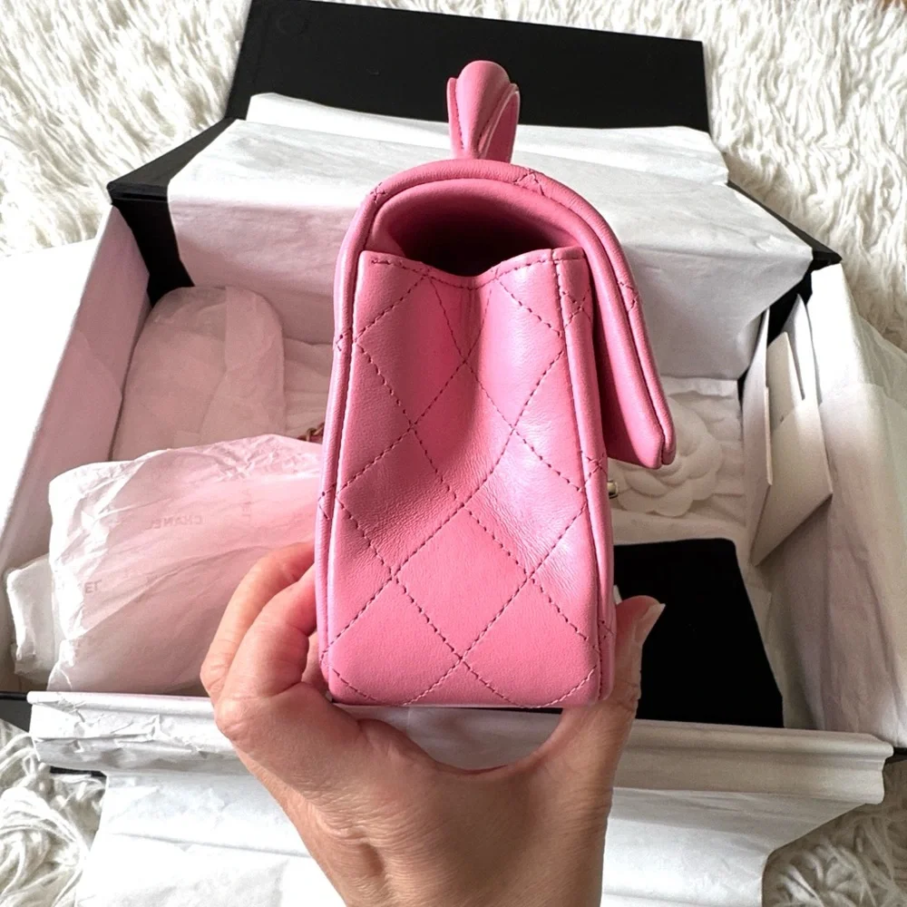 CHANEL 23P Mini Top Handle Pink Lambskin Classic Bag Gold Hardware NIB RARE